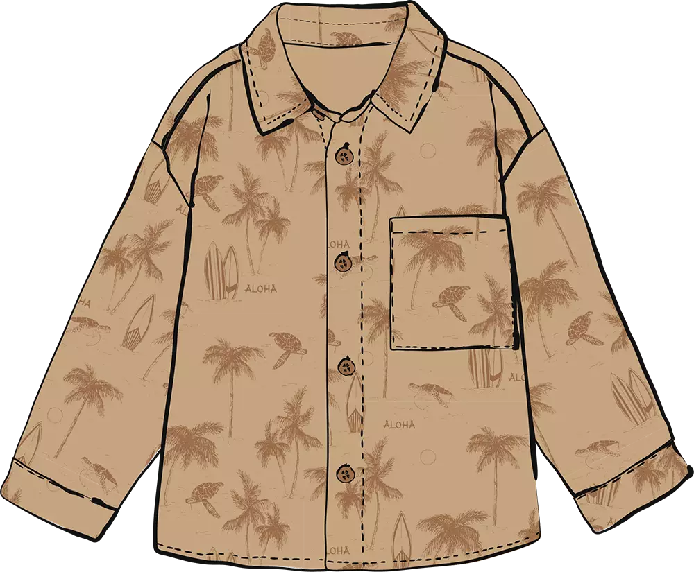 Technical drawing of a boys shirt with an illustrated tropical Hawaii print in a tonal beige and brown colour