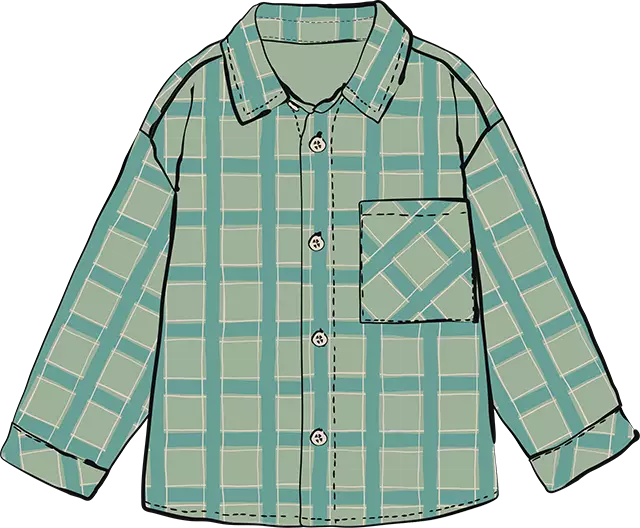 Illustrated technical drawing of a shirt that has a hand drawn check print in different shades of green