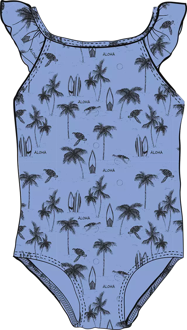 Drawing of a girls swimsuit with ruffled sleeves. Blue with a Hawaii inspired print design in black.