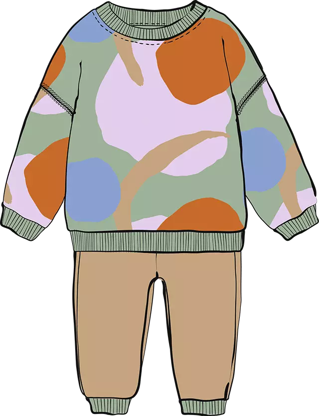 Illustration of a kid's tracksuit. The top is a jumper with a large abstract print on it in green, lilac, beige and orange. The trousers are plain beige.