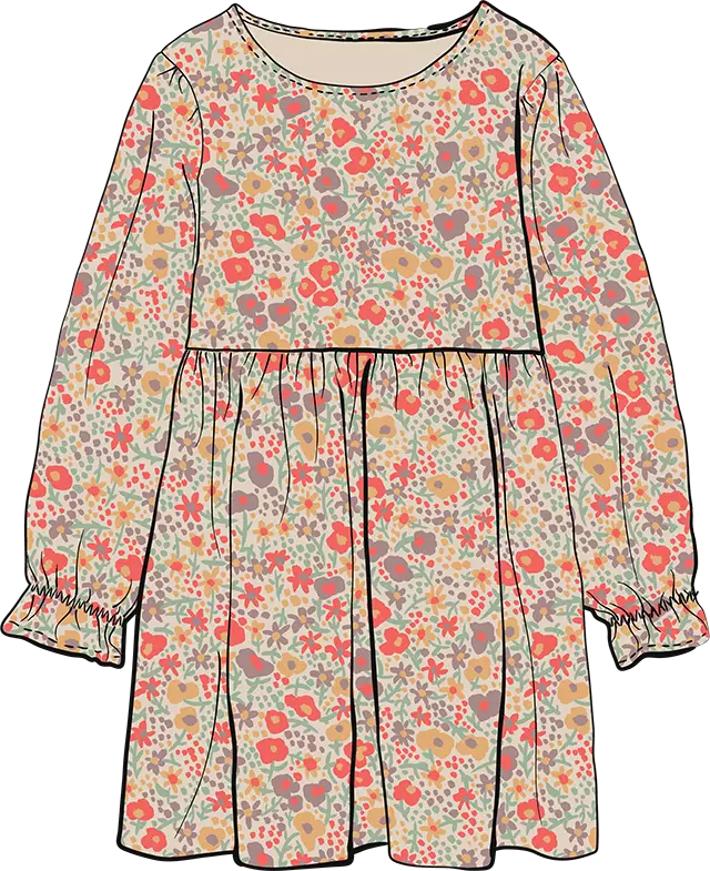 Illustrated technical drawing of girls dress with a ditsy floral print. The print is in dusky tones of beige, pink, coral and purple.