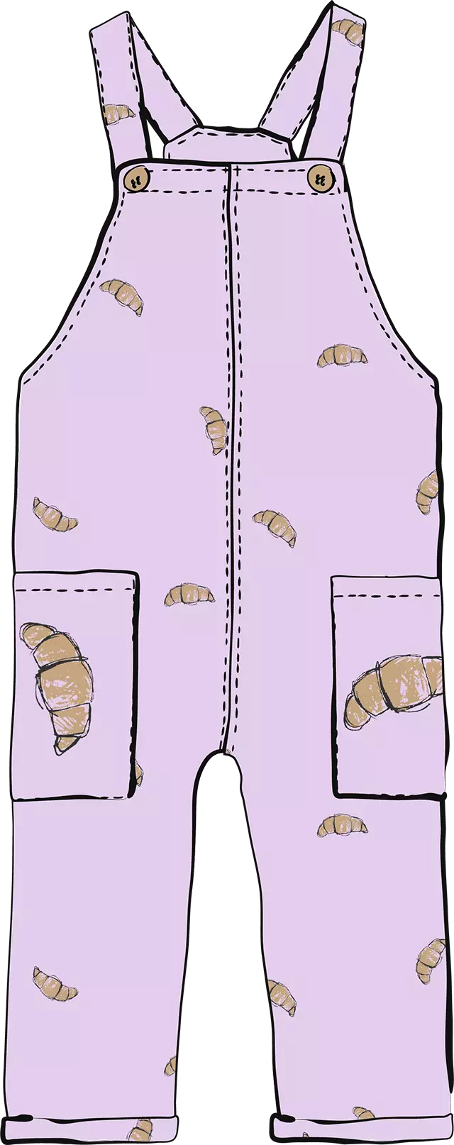 Illustration of a set of lilac dungarees with a hand drawn croissant print on them. The crossiant print is small and randomly scattered, with 2 large placement prints on the pockets.