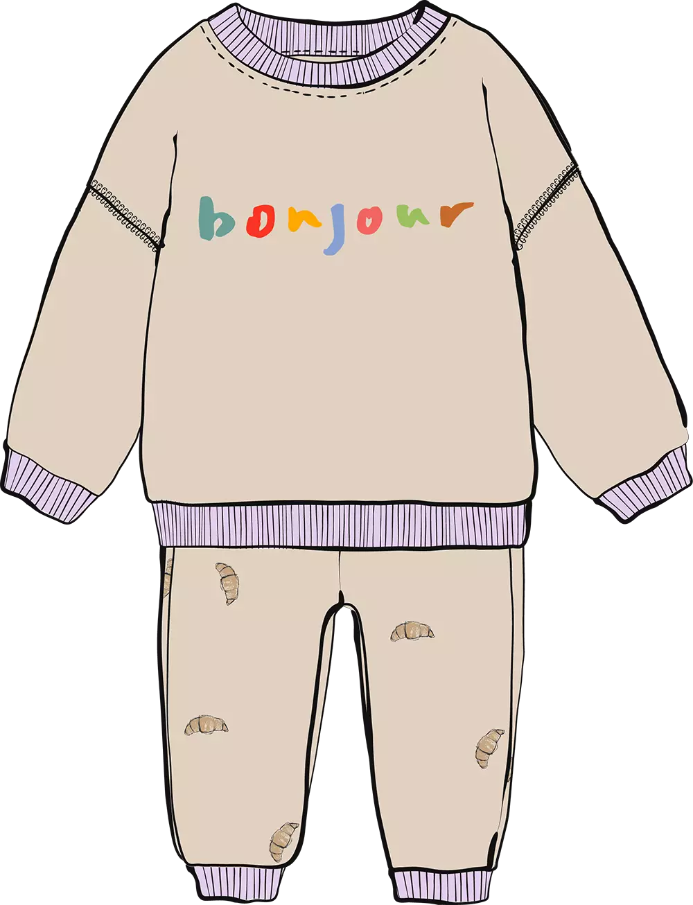 Drawing of a toddler's tracksuit. The top has a 'bonjour' multicolour slogan on it and the bottoms have a small croissant print randomly scattered on them. The tracksuit it beige with lilac ribbing at the edges.