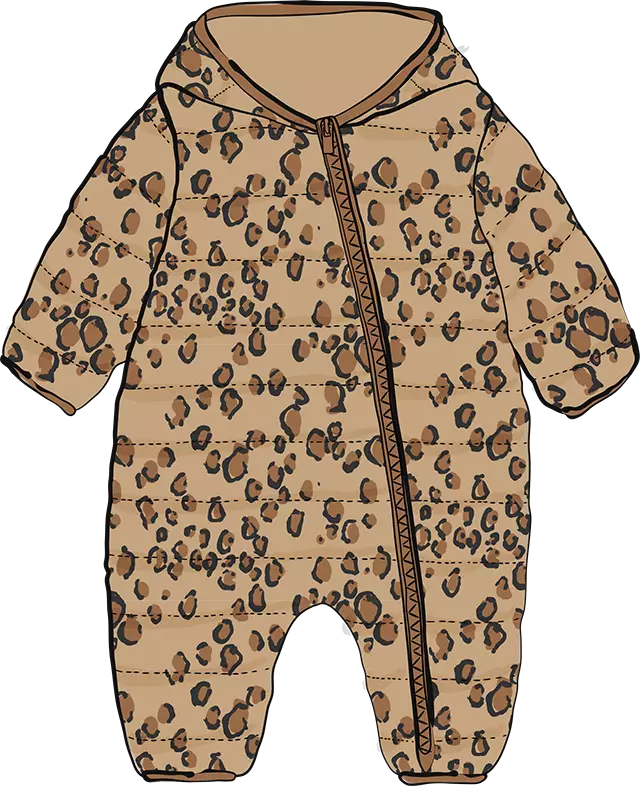 Technical drawing in an illustrated style of a babies puffer onesie. The jacket is in a brown leopard print design in a modern, slightly abstract style.