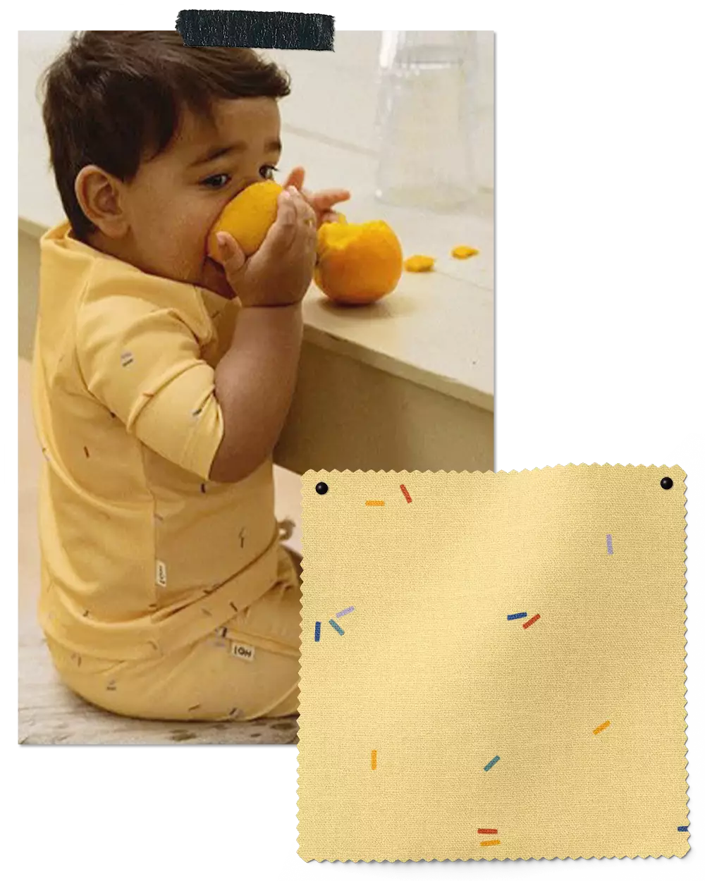 Boy wearing yellow sprinkle print swimwear designed by freelance kids print designer Marie Gallagher. Next to photo is swatch of fabric showing detail of the print design.