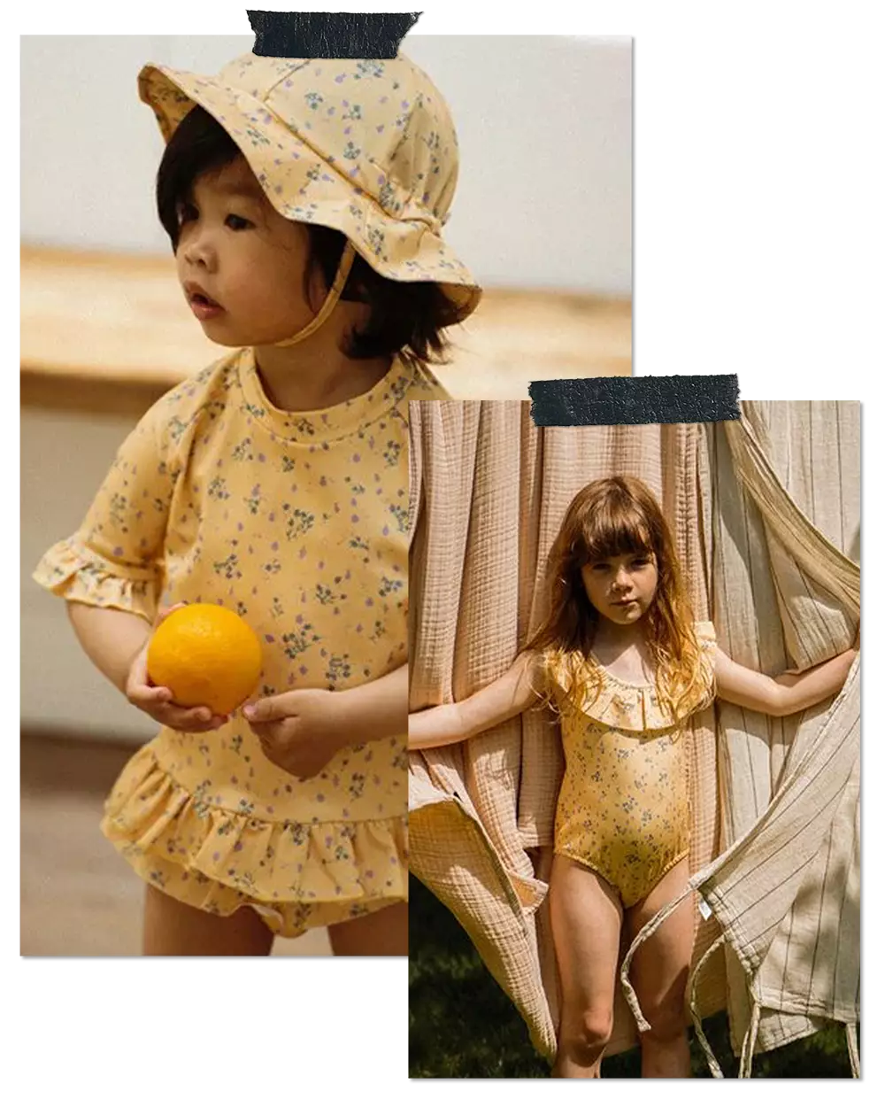 Collage of images of two girls in yellow floral print swimwear designed by kids print designer Marie Gallagher for House of Jamie Summer 2022.