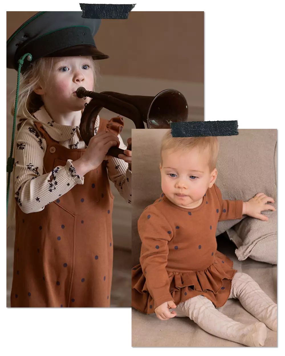 Collage of images - one of a girl wearing dot print dungarees with leaf print top underneath. Print designs by Marie Gallagher, kidswear print specialist.