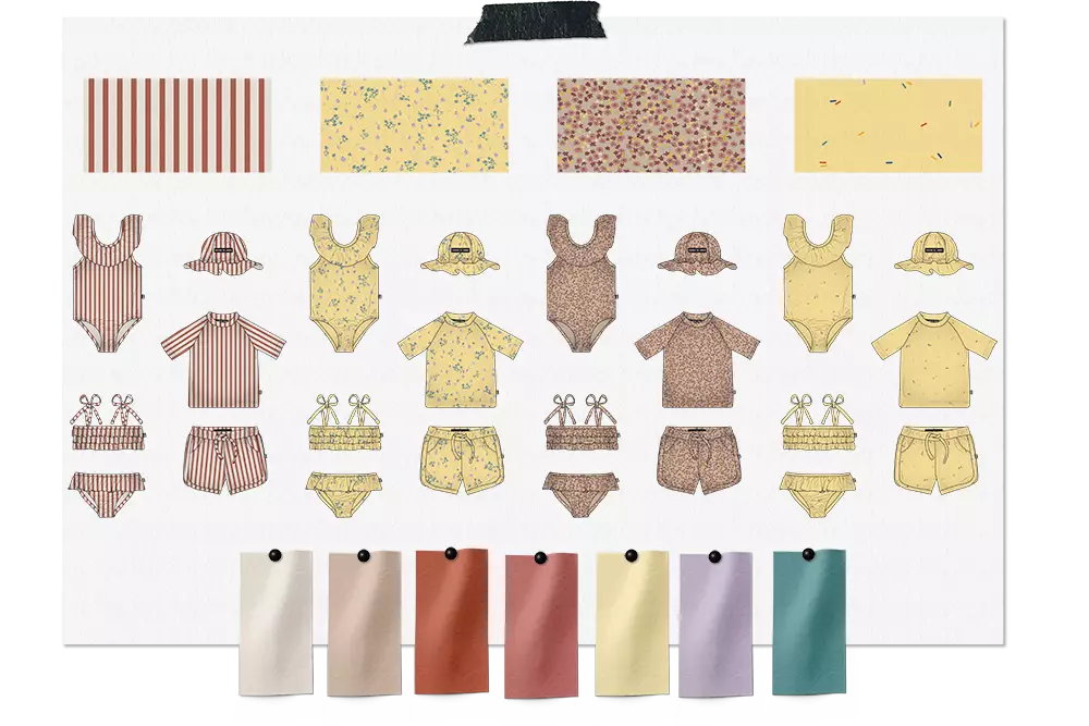 Swimwear range plan with technical drawings and colour swatches.