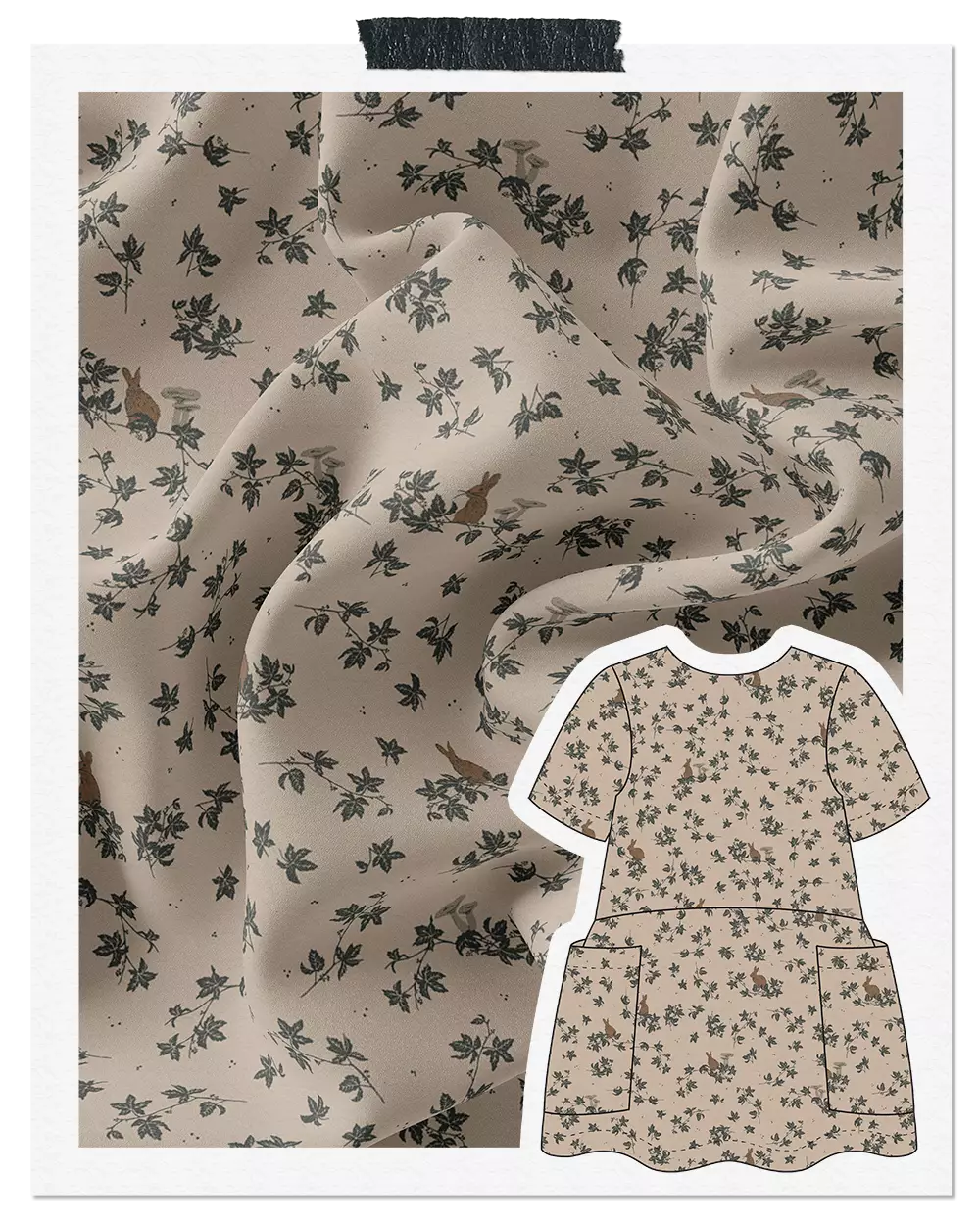 Forest print design with bunny and mushroom elements. Pattern design shown on fabric mockup with example also on a technical drawing of a dress