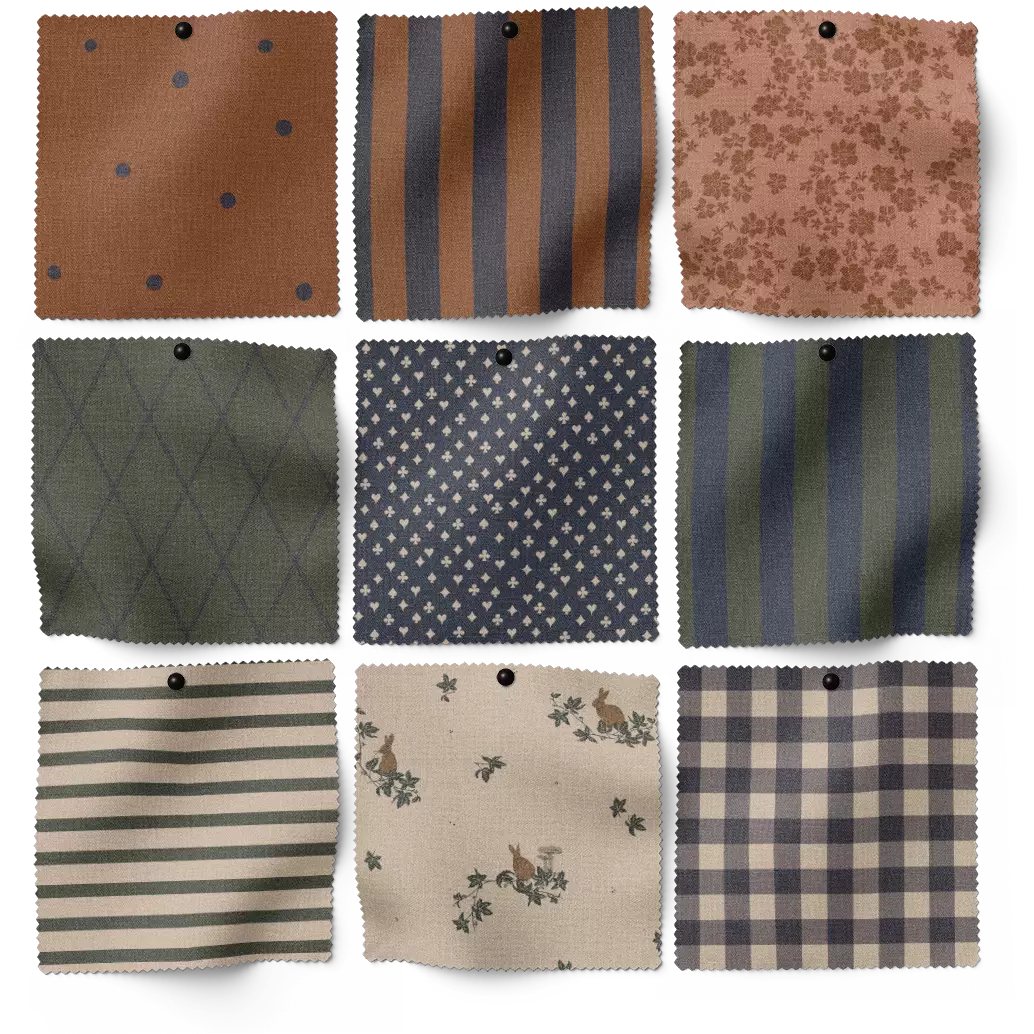 Print designs for House of Jamie winter collection. Fabric swatches showing prints including: brown dot print, brown floral print, green diamond print, card icons print, forest with bunnies print and stripes and checks