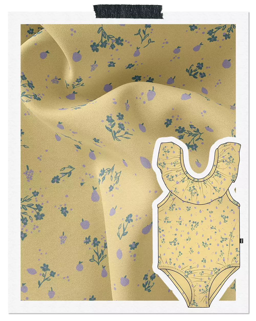 Floral and fruit print fabric in yellow and lilac. Print design is shown on fabric and on a kids swimsuit technical drawing.