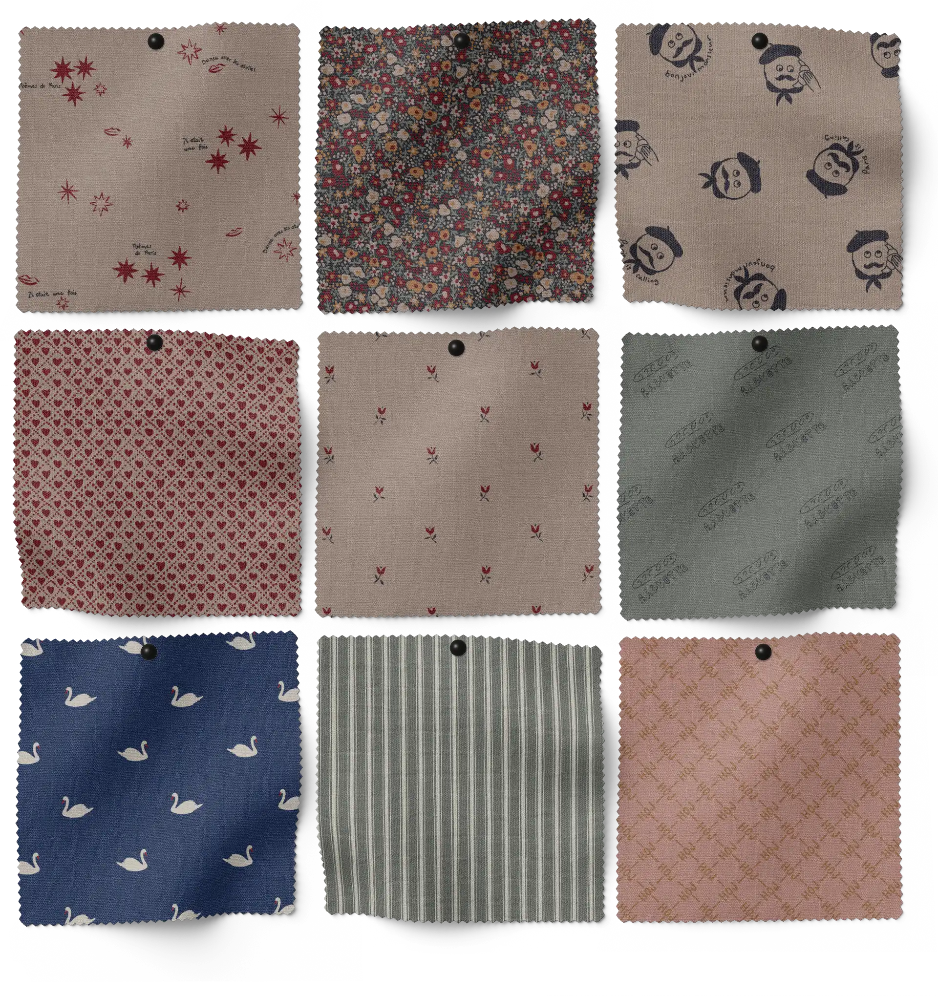 Print designs for House of Jamie winter collection. Fabric swatches showing prints including: brown dot print, brown floral print, green diamond print, card icons print, forest with bunnies print and stripes and checks